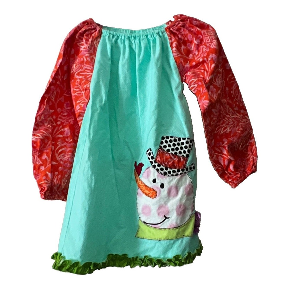 La Jenns Girls 4T Aqua Shift Floral Long Sleeve Snowman Applique Pockets